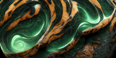 Sedate realistic marco detailed orange and teal alcohol ink ripples pattern in agate design. Closeup turbulence turquoise oil design on marble with glossy golden wave highlight. Generative AI - obrazy, fototapety, plakaty