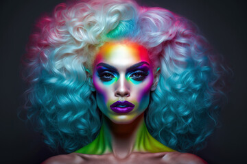 Gorgeous Drag Queen with a vibrant makeup and colorful hair. LGBTQ concept. Generative AI