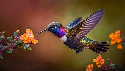 Hummingbird flying to pick up nectar from a beautiful flower. Post-processed generative AI	