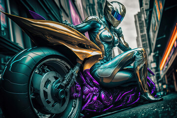Beautiful biker girl  with helmet riding a sci-fi superbike. Woman on futuristic motorcycle on the city street. Generative AI