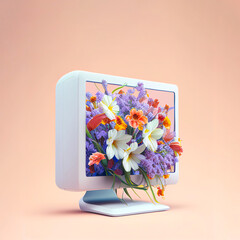Creative technology concept of a computer monitor with fresh spring flowers coming out. An online way to express love. Pastel background. Illustration. Generative AI.