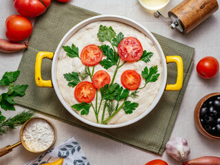 homemade bread in a round shape with vegetables. focaccia art.