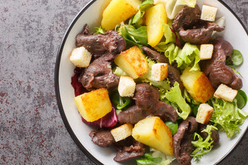 Salad made with a combination of gizzards, onions, potatoes, shallots, lettuce, balsamic vinegar, olive oil and croutons close-up in a plate on the table. Horizontal top view from above