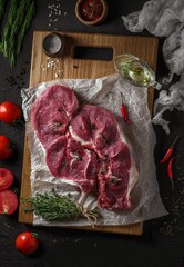 Presentation of fresh raw uncooked meat in restaurant butcher shop