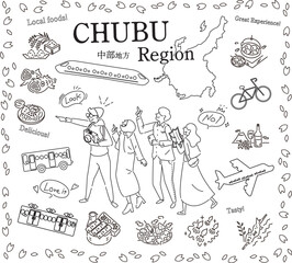 日本の中部地方の春のグルメ観光を楽しむ観光客、アイコンのセット（線画白黒）