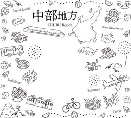 日本の中部地方の夏のグルメ観光のアイコンのセット（線画白黒）