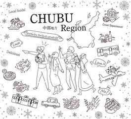 日本の中部地方の冬のグルメ観光を楽しむ観光客、アイコンのセット（線画白黒）