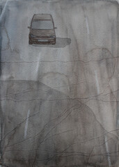 The car is going nowhere. Old dangerous road with cracks and potholes. Monochrome mystical watercolor illustration