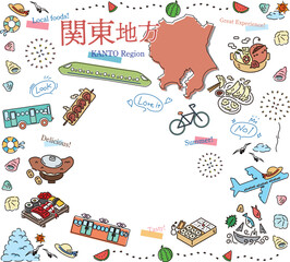 日本の関東地方の夏のグルメ観光のアイコンのセット（線画）