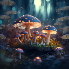 Beautiful and magical mushrooms in an enchanted forest - Generative AI