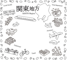 日本の関東地方の秋のグルメ観光のアイコンのセット（線画白黒）