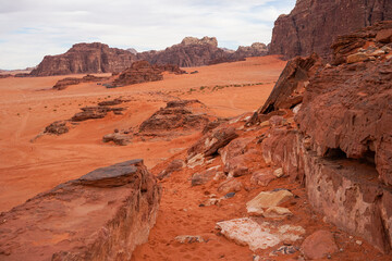 Wadi Rum Desert with red rocks and dunes, beautiful tourist destination, Wadi Rum, Jordan