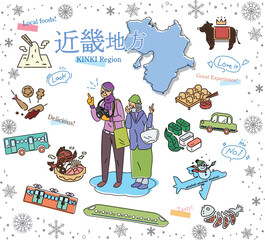 日本の近畿地方の冬のグルメ観光を楽しむシニア夫婦、アイコンのセット（線画）