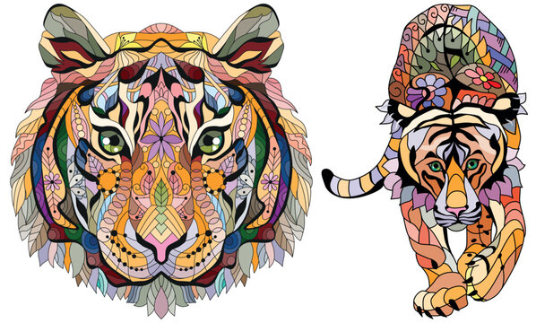 Tiger zentangle stylized, vector, illustration, hand drawn. Print for t-shirts and decoration.