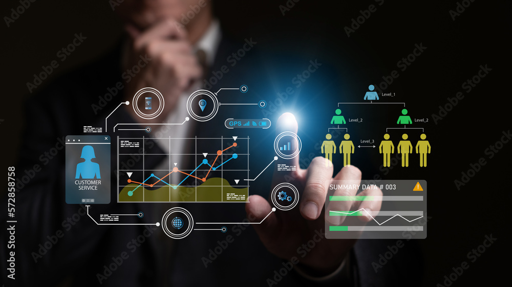 Wall mural young entrepreneur using big data analysis and cloud technology to collect customer data and display