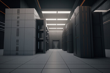 Computer in the data center. Cloud computing service on a large server farm. Cyber ​​security at night, neon illumination, cyber space, data storage, new technologies. Generative AI