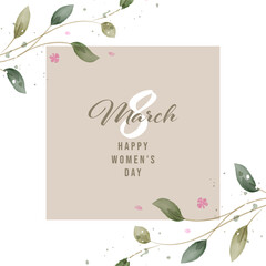 International Women's Day. A set of greeting cards in rustic style. Greenery Watercolor Floral template card design.