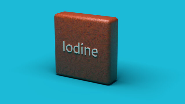 Iodine element from the periodic table series. Metallic icon set on blue background. 3d rendering