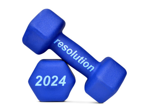 2024 written on the blue dumbbell isolated on transparent background, PNG. Resolutions for the New Year.	