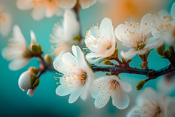 Obraz na płótnie Canvas Photos Beautiful floral spring abstract background of nature. Branches of blossoming apricot macro with soft focus on gentle light blue sky background made with Generative AI