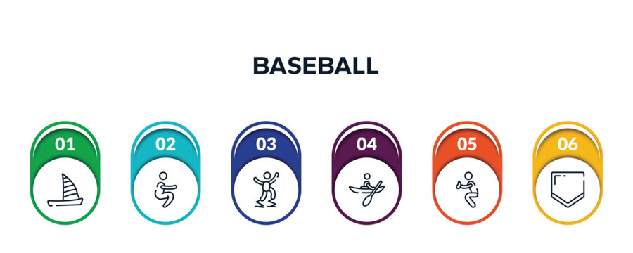 baseball outline icons with infographic template. thin line icons such as catamaran, squat, powerbocking, kayaking, catcher, home plate vector.