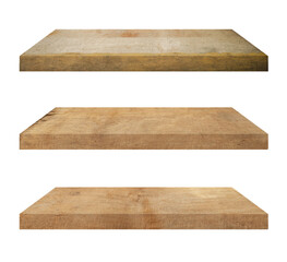 3 old wood shelves table isolated on transparent background. Png realistic design element.