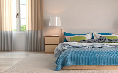 Modern bedroom interior with wooden decor in eco style. 3D Render	