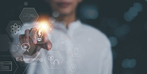 Male hand pointing at icon, lessons and Internet online education and learning concept, professional courses, learning new things, e-learning webinars, skill enhancement to develop a new career