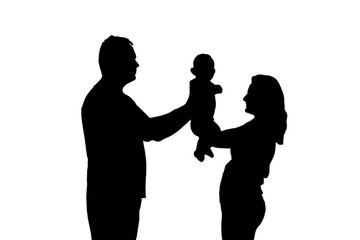 Silhouette happy man, woman and baby, isolated on a white background. Couple husband and wife holding child, family love in the evening light of the home living room