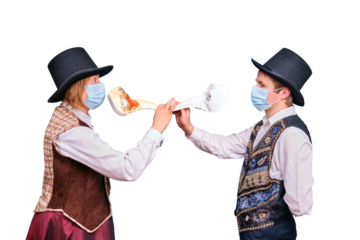 Actors in medical masks and a plague doctor on their face, isolated on a white background