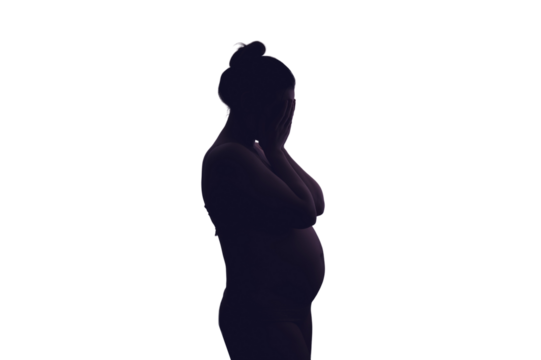 Young pregnant woman crying with her hands folded near her face, isolated on a white background. Pregnancy problems, silhouette of the expectant mother at the night window - Powered by Adobe