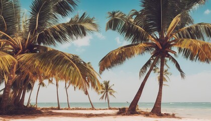 Fototapeta na wymiar Nostalgic Summer Memories: Vintage Coconut Trees on the Beach Photography Background Generative AI