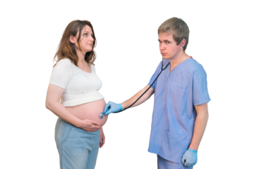 Doctor with stethoscope examining a pregnant woman, isolated on a white background