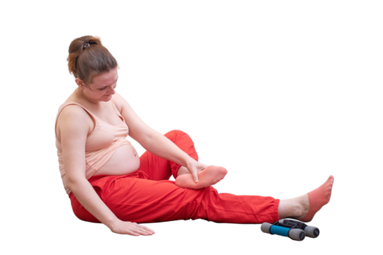 Sports at home during pregnancy and foot injuries during exercise, isolated on a white background. Pregnant woman at fitness workout holds on to injured leg - Powered by Adobe