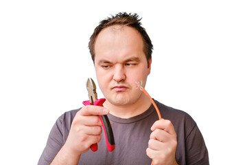 Portrait of disheveled adult male with wire cutters and cut off computer wire, isolated on a white background