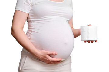 Toilet paper in the hands of a pregnant woman, studio shot isolated on a white background