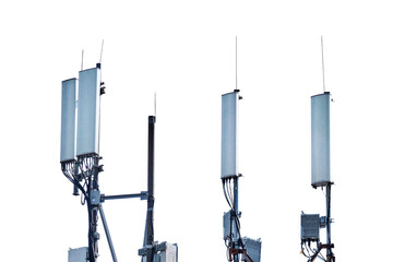 5g cellular antennas receiver on the roof of the building, isolated on a white background.