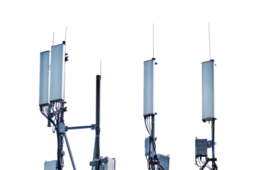 5g cellular antennas receiver on the roof of the building, isolated on a white background.