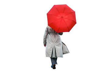 A woman with a red umbrella walks, isolated on a white background