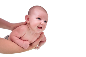 Mom trains swimming with a happy infant baby boy in a home bath, isolated on a white background. A smiling child swims n the bathroom in the hands of his mother. Kid aged two months