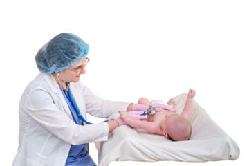 Woman doctor listens with a stethoscope to a newborn baby, isolated on a white background. Nurse checks the child health with a stethoscope. Kid aged two months