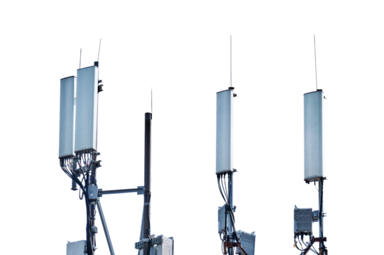 5g cellular antennas receiver on the roof of the building, isolated on a white background.