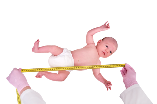 Doctor measures the growth of a newborn baby, isolated on a white background. A nurse in uniform checks the girth of the child head and abdomen. Kid aged two months