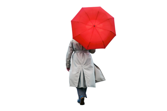 A woman with a red umbrella walks, isolated on a white background