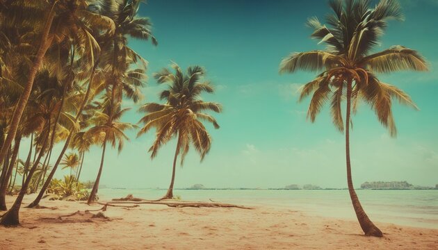 Tropical Paradise: Coconut Trees On The Summer Beach - Vintage Photography Background Generative AI