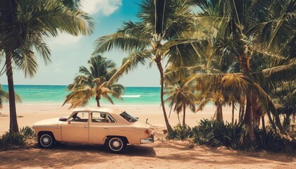 Classic car on beach - nostalgic vintage photo Generative AI