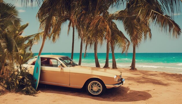 Beach day with vintage car - retro photography" Generative AI
