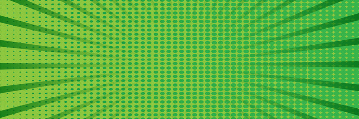 Green pop art comic background. For speech bubble, message, text, book, cartoon cover, magazine. Cartoon halftone vintage backdrop. Retro pattern background for comic text. Sunburst background, vector