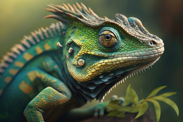 Fototapeta premium A realistic illustration of a close-up chameleon, symbolizing adaptability. AI generated.