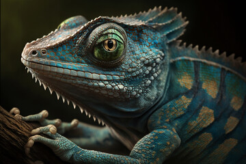 Fototapeta premium A realistic illustration of a close-up chameleon, symbolizing adaptability. AI generated.